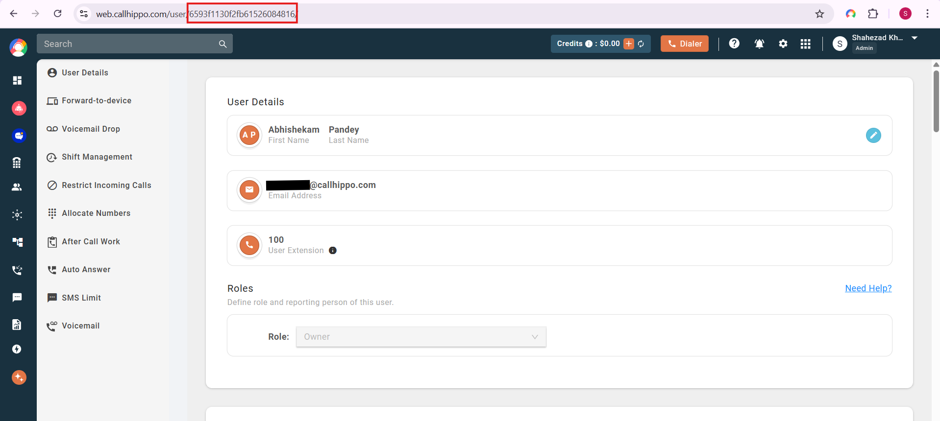 CallHippo web app User Details page for the Owner user with the user ID highlighted in the browser URL