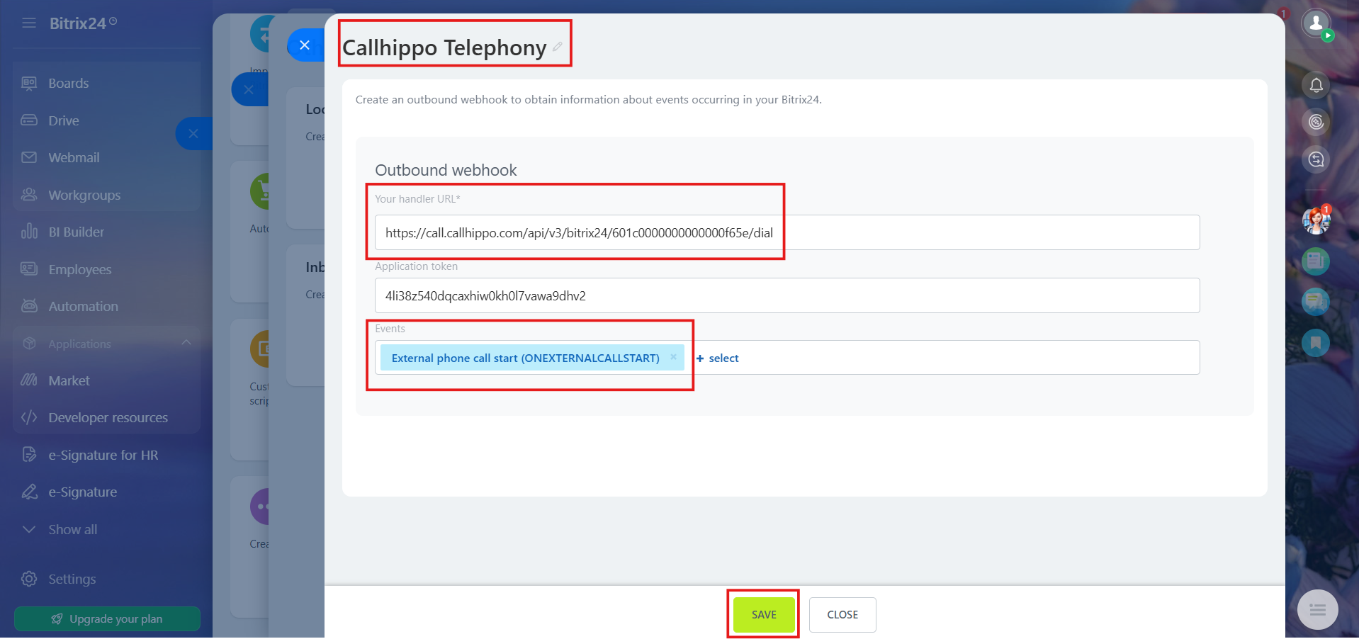 Bitrix24 outbound webhook named Callhippo Telephony with the dial handler URL and External phone call start event selected