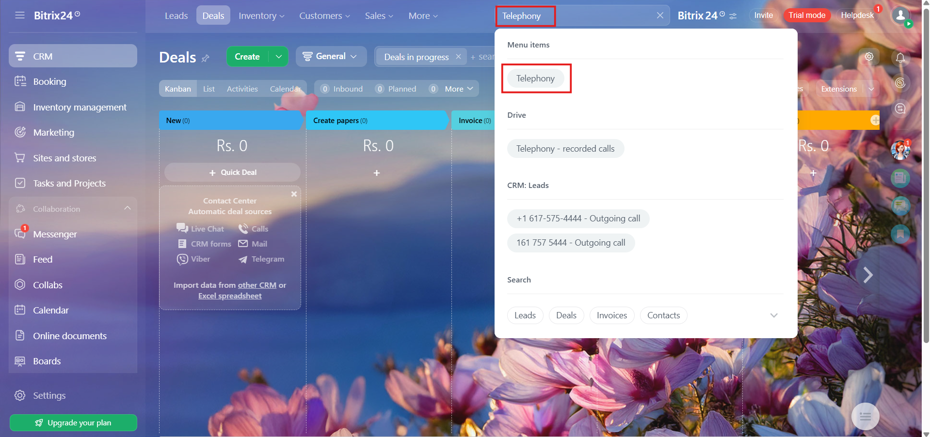 Bitrix24 search for Telephony showing the Telephony menu item highlighted