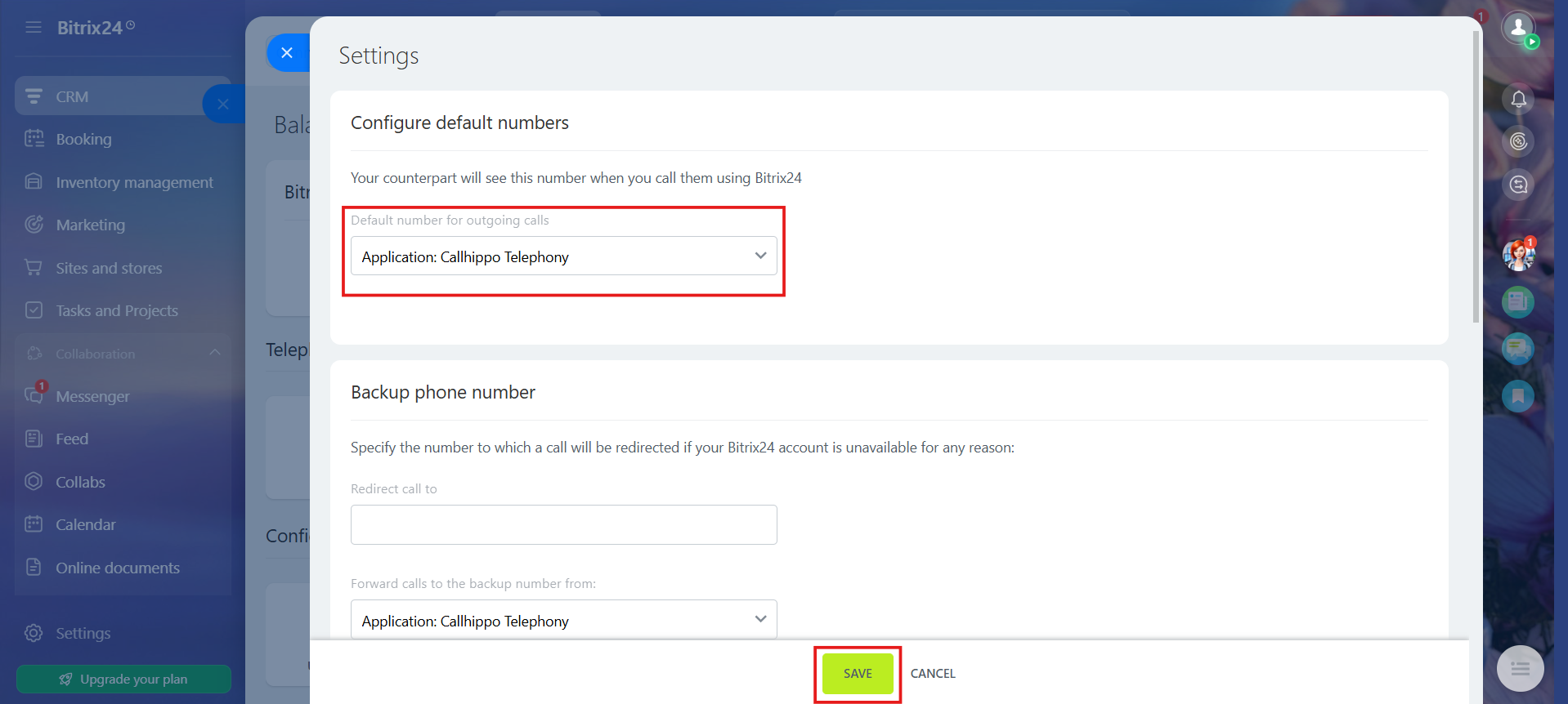 Bitrix24 telephony settings with the default number for outgoing calls set to Application Callhippo Telephony