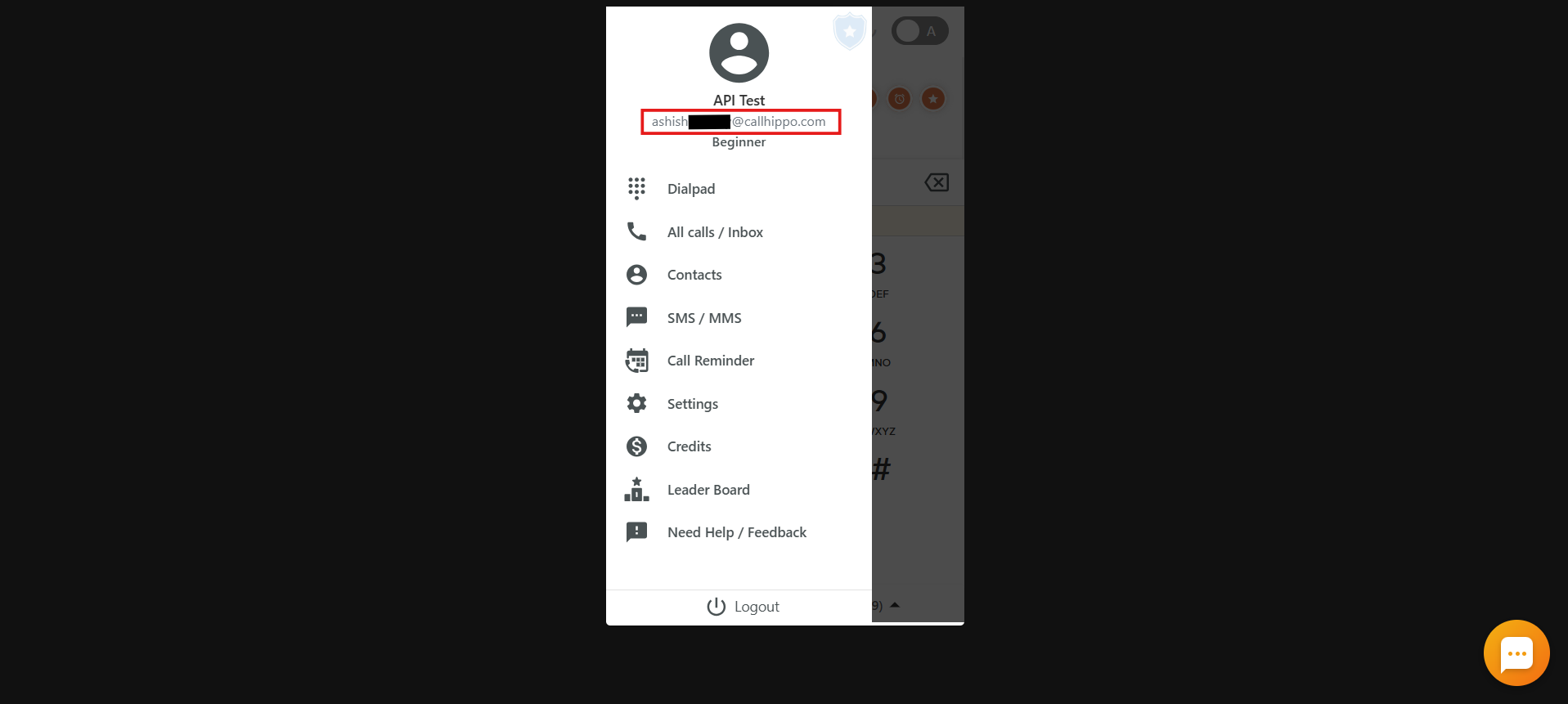 CallHippo web dialer menu showing the logged-in account email