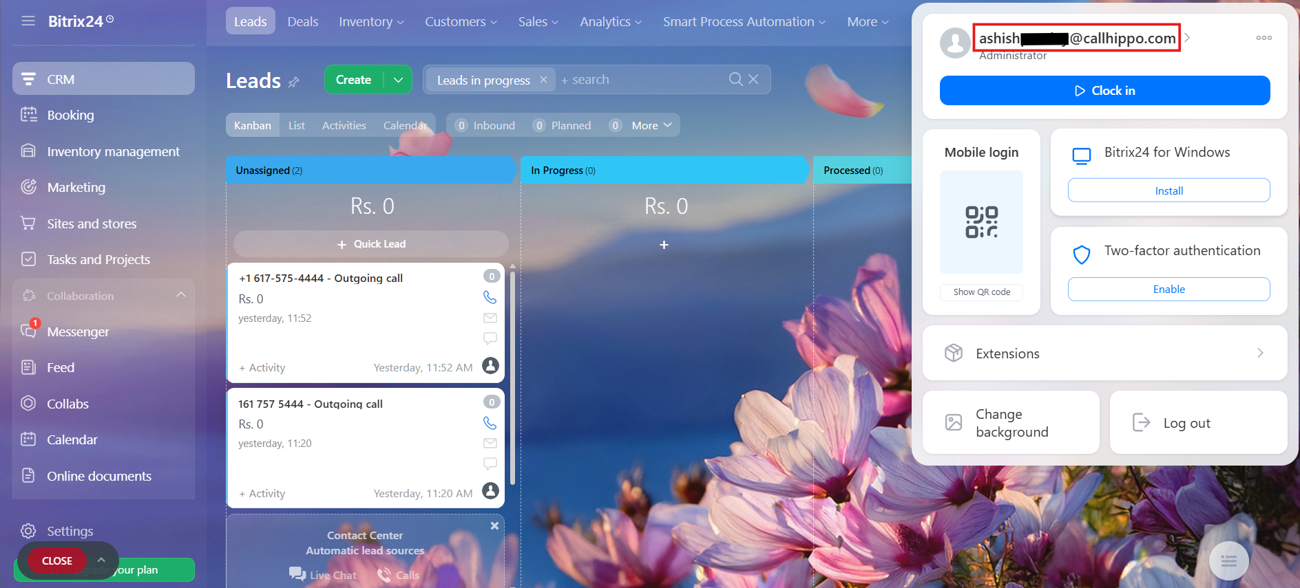 Bitrix24 profile panel showing the logged-in account email matching CallHippo
