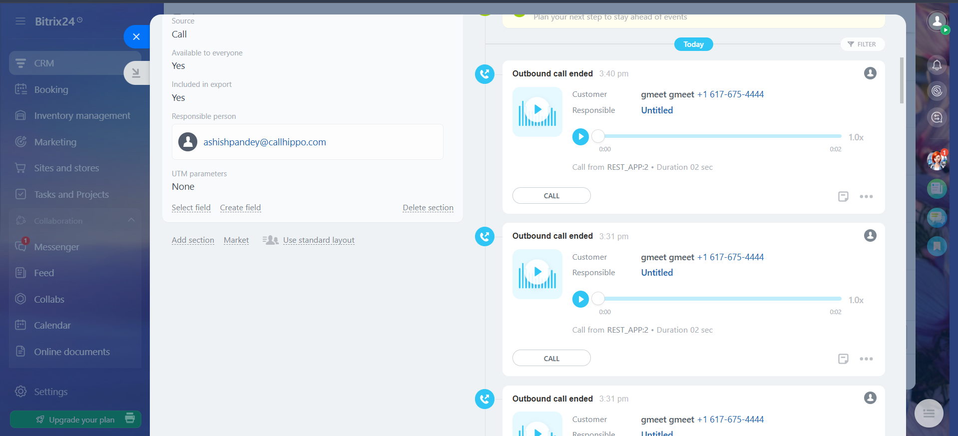 Bitrix24 contact timeline showing outbound call activity with recordings logged from CallHippo