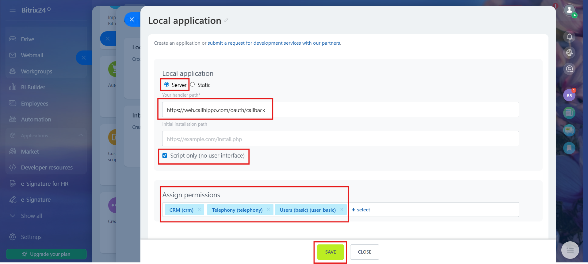 Bitrix24 Local application form with Server selected, CallHippo handler URL, Script only checked, and CRM Telephony Users permissions