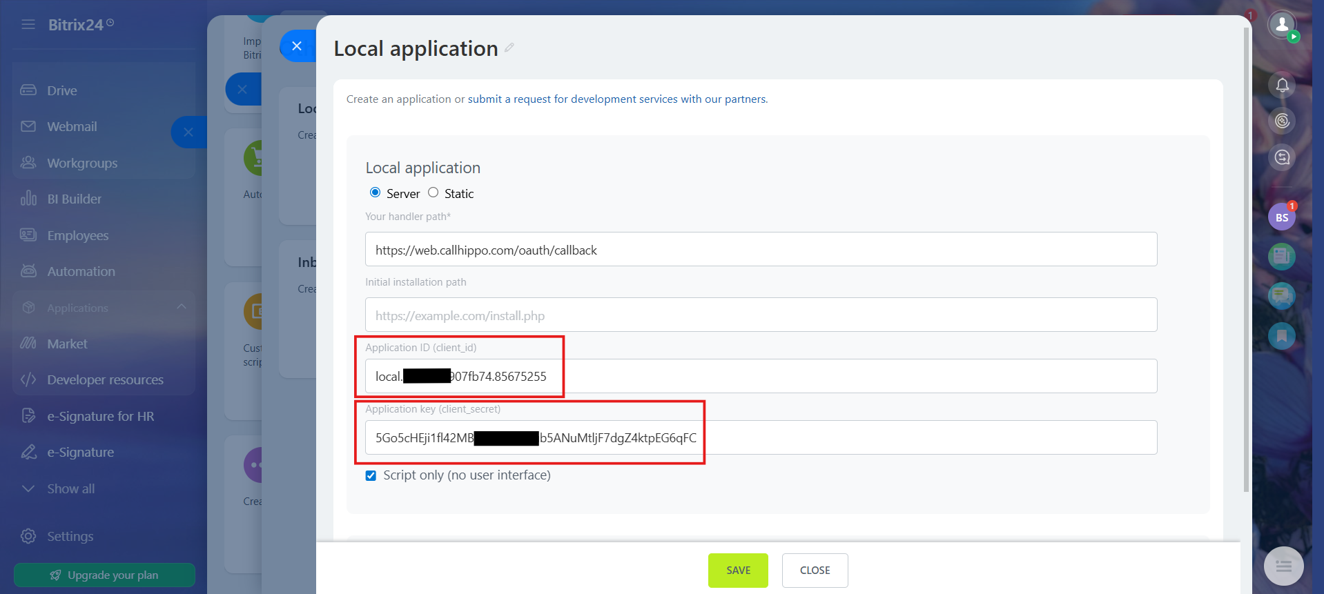 Bitrix24 local application showing the generated Application ID client_id and Application key client_secret