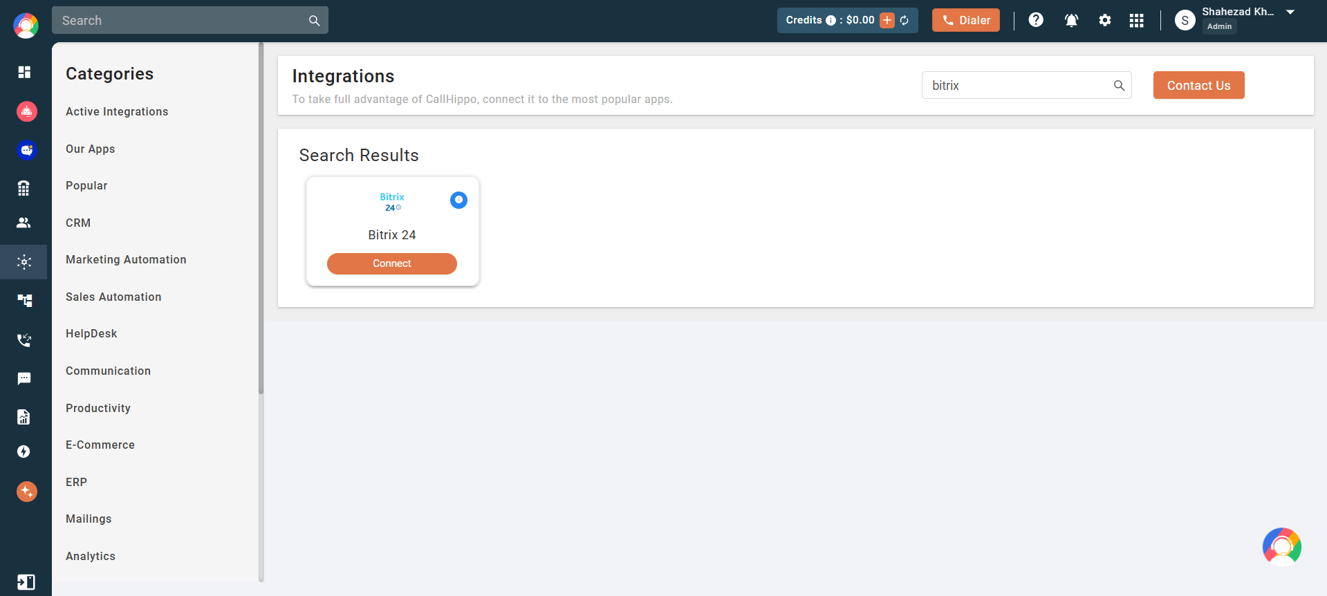 CallHippo Integrations search results showing Bitrix 24 with a Connect button
