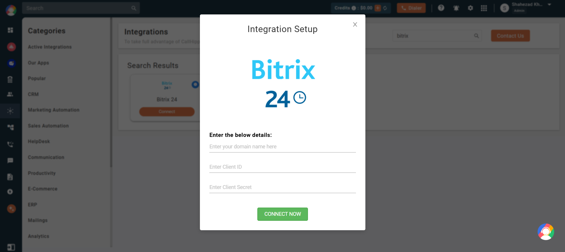 CallHippo Bitrix24 integration setup popup with fields for domain, client ID and client secret