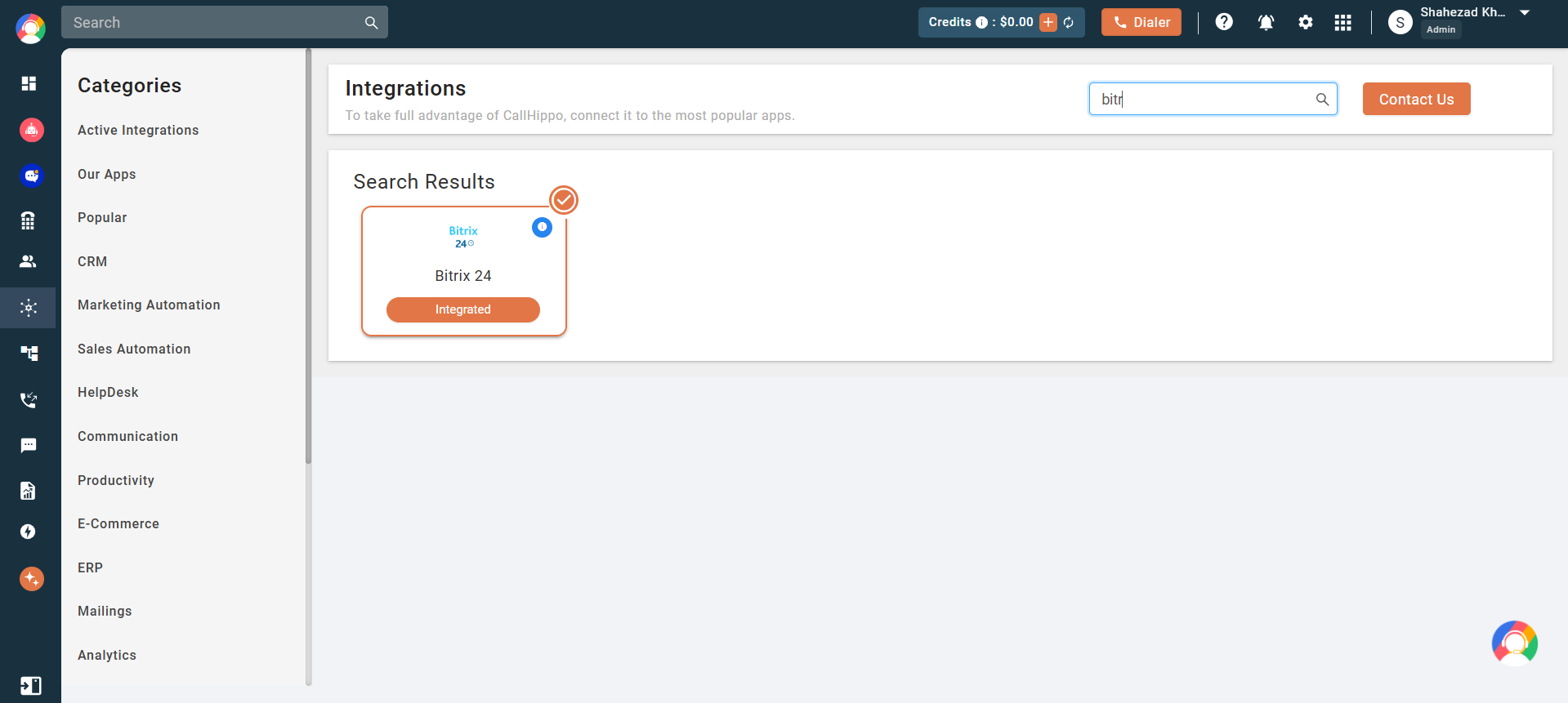 CallHippo Integrations showing Bitrix 24 with an Integrated status badge