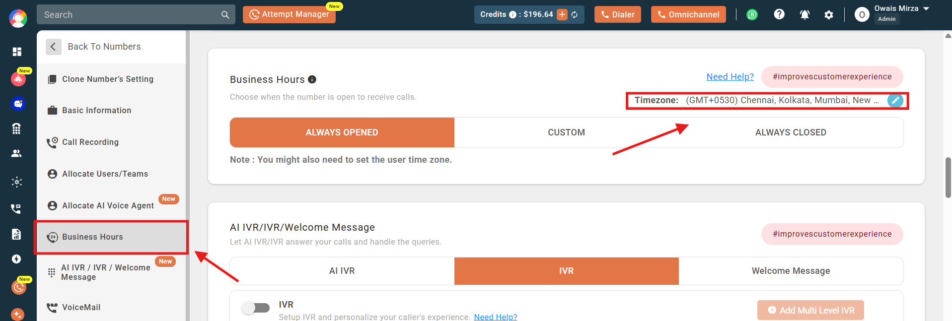 Business Hours screen with the timezone dropdown highlighted at the top right