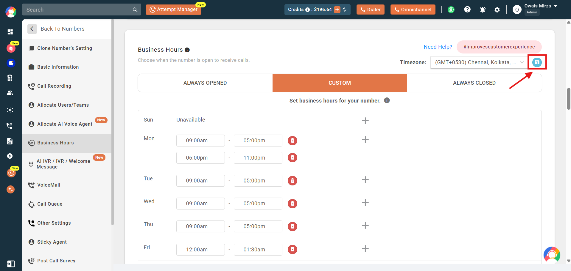 Business Hours screen with the save timezone icon highlighted