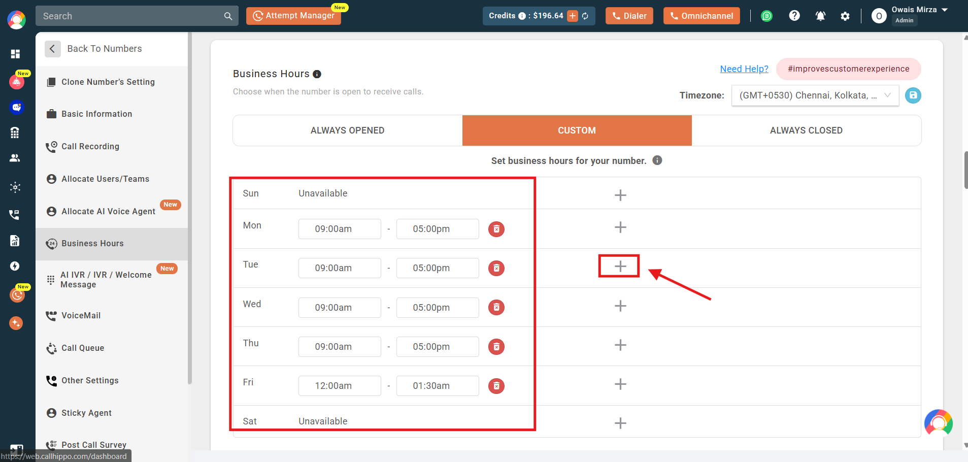 Custom business hours with day-wise shift timings and the plus icon highlighted