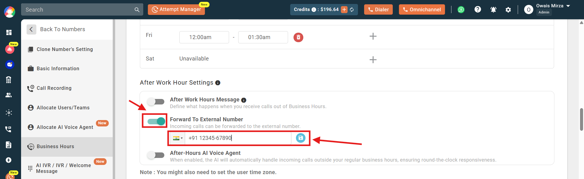 Forward To External Number toggle enabled with a phone number field highlighted
