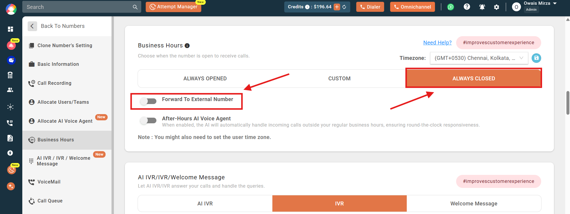 Business Hours set to Always Closed with the Forward To External Number toggle highlighted