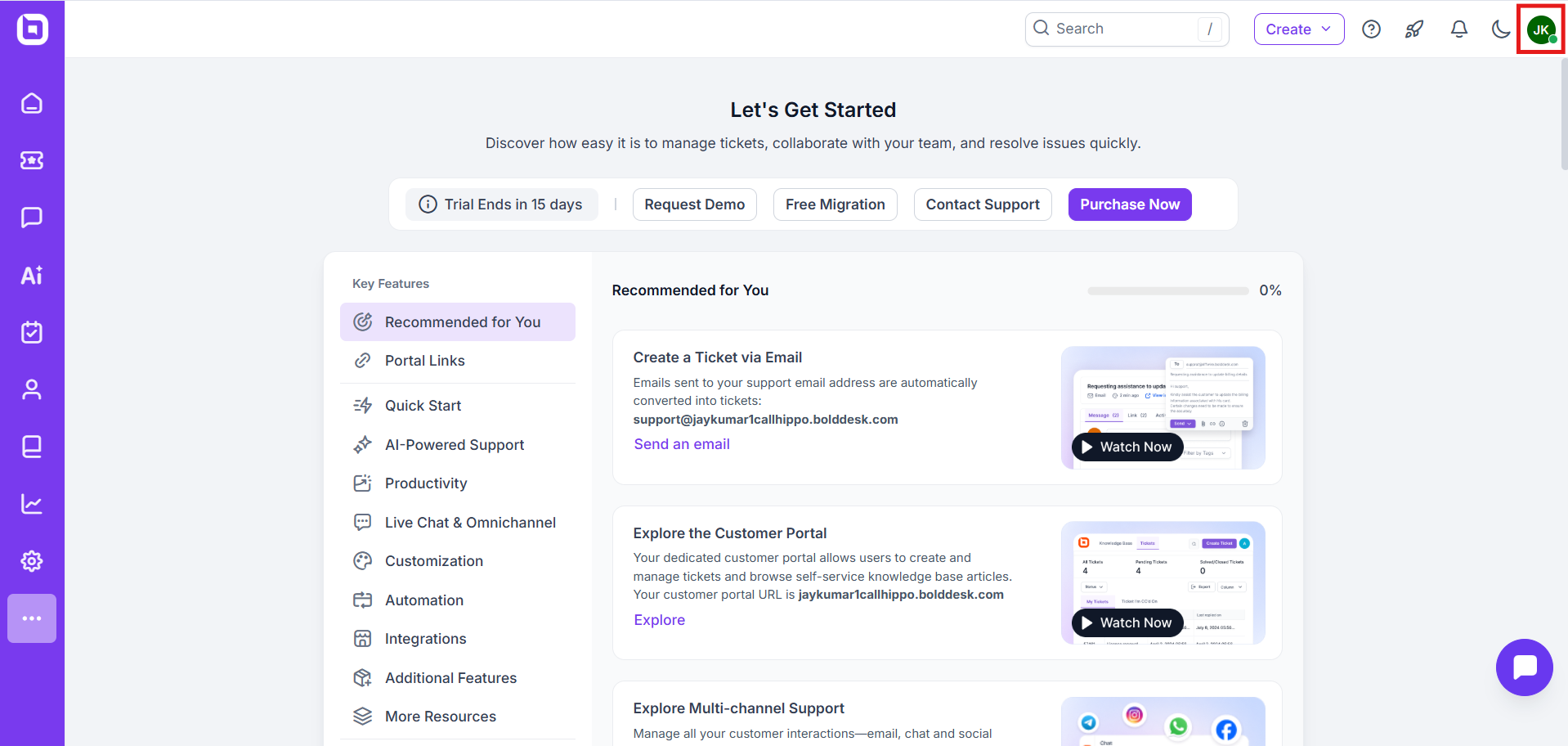 BoldDesk dashboard with the profile icon highlighted in the top-right corner