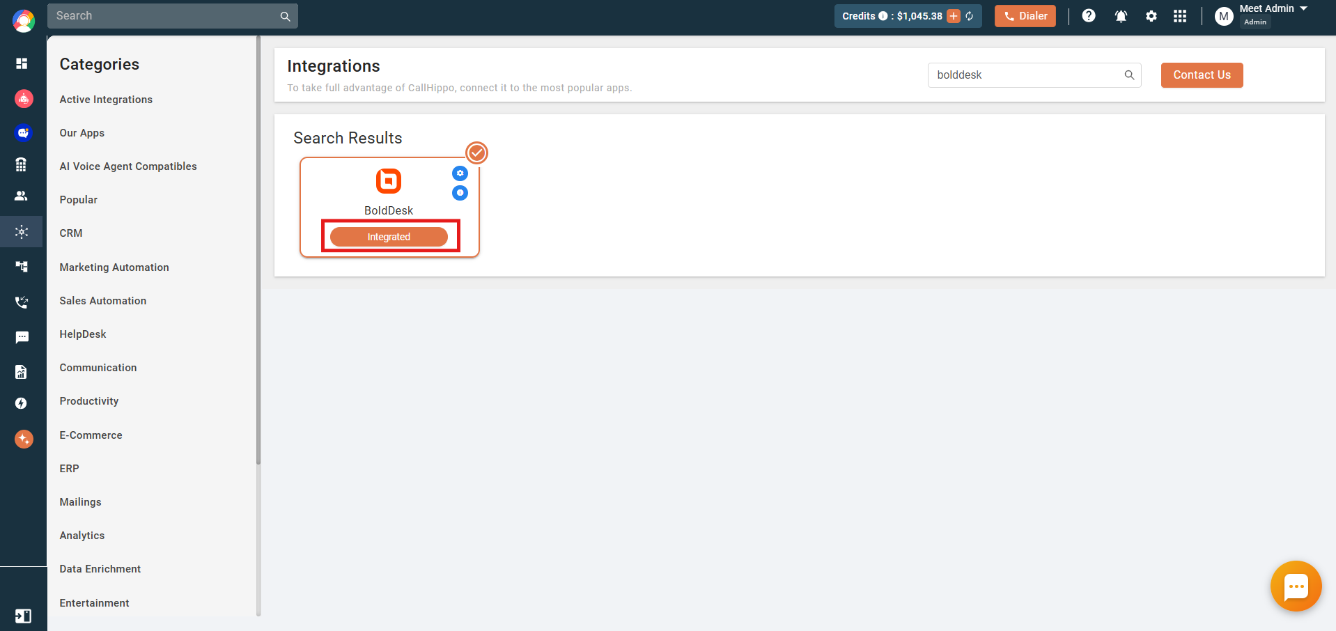 BoldDesk integration showing the Integrated status in CallHippo