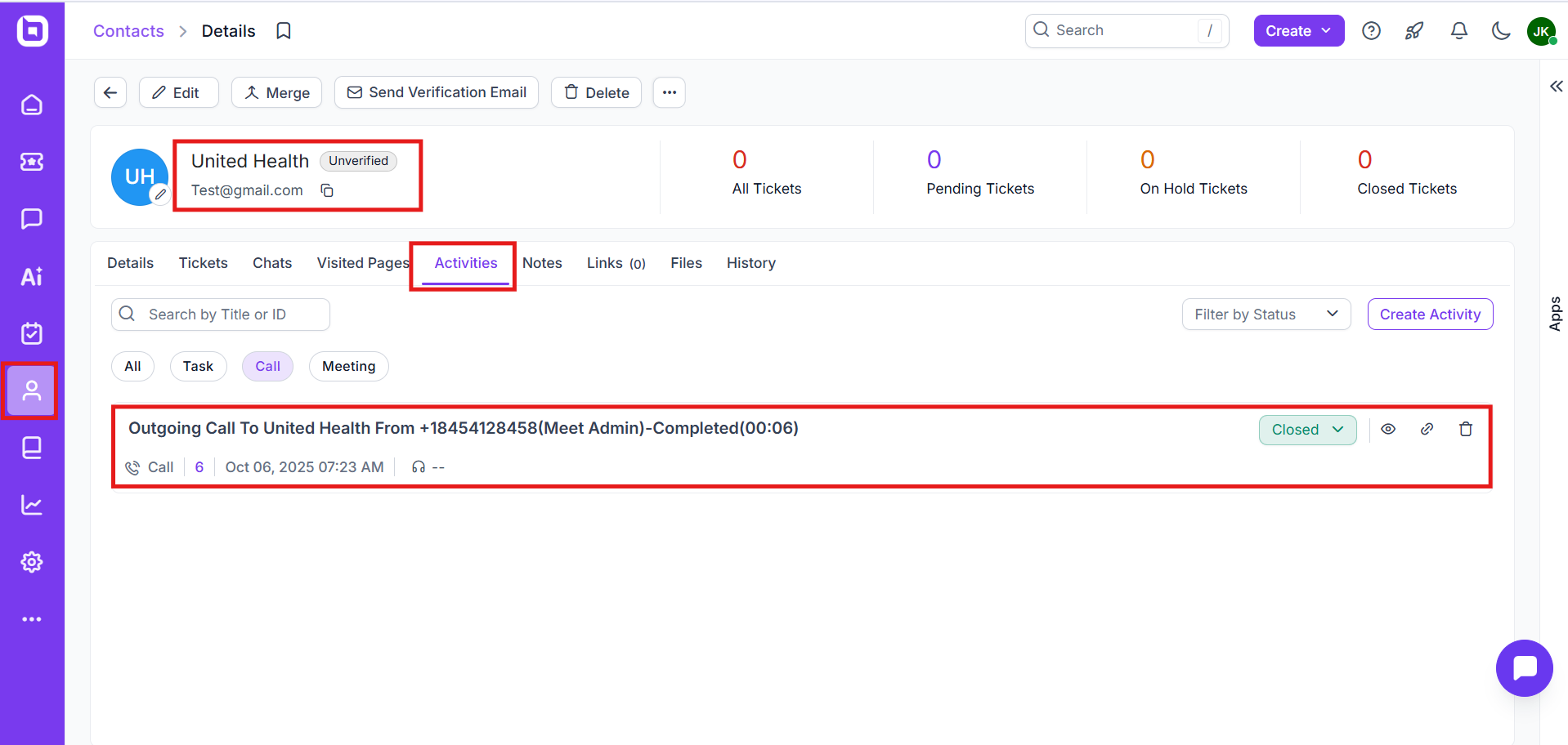 BoldDesk contact Activities tab showing a synced call activity