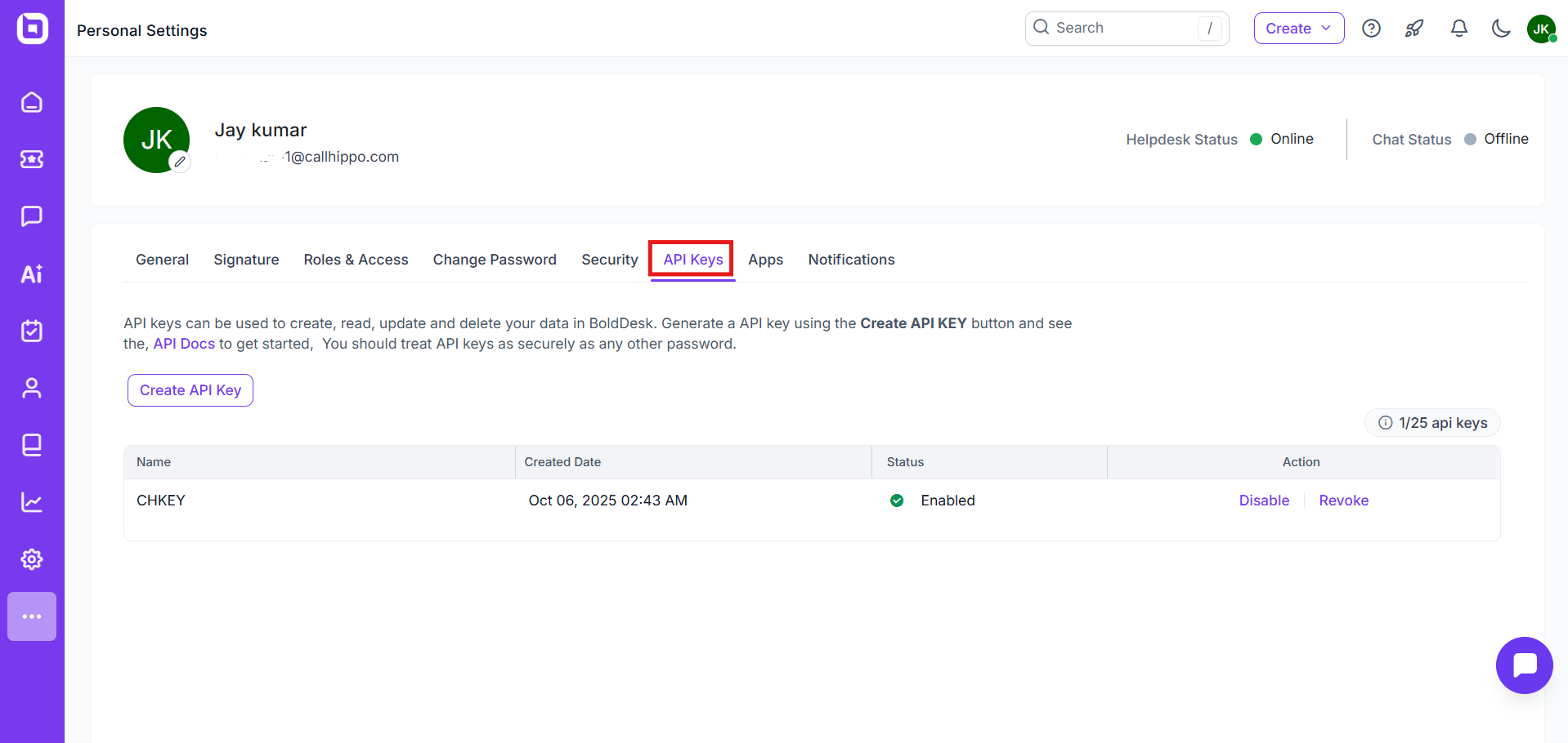 BoldDesk Personal Settings with the API Keys tab selected