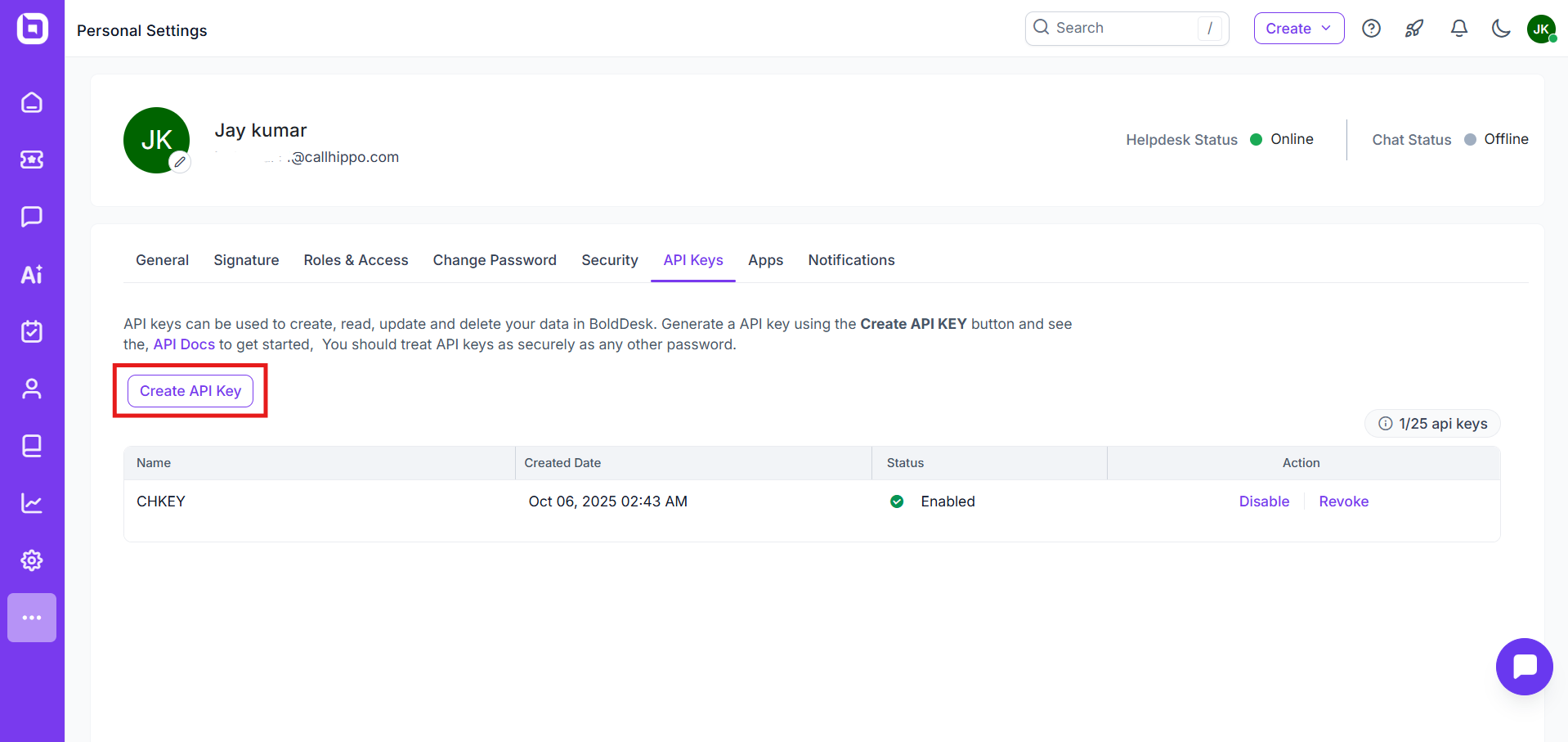 BoldDesk API Keys page with the Create API Key button highlighted