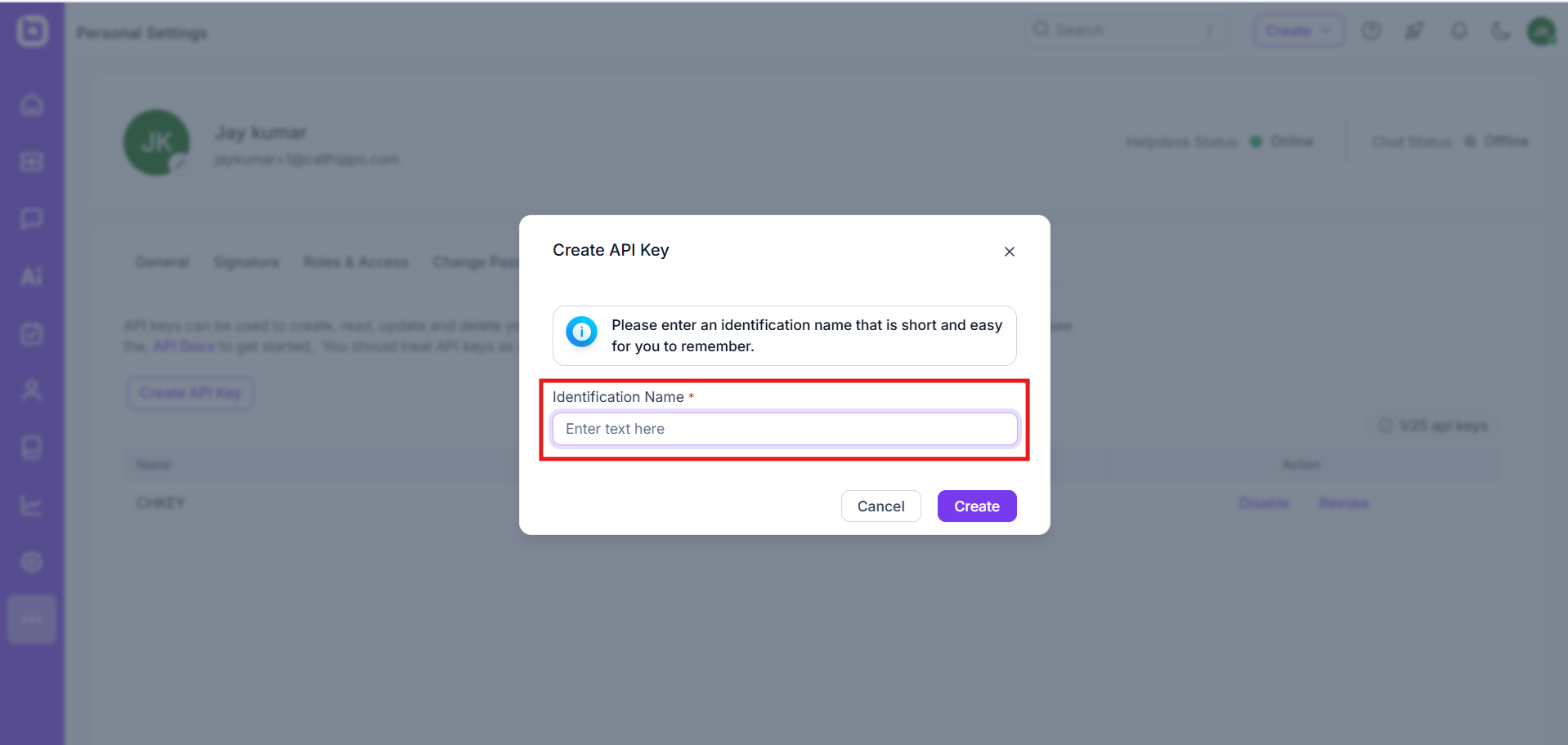 Create API Key dialog with the Identification Name field
