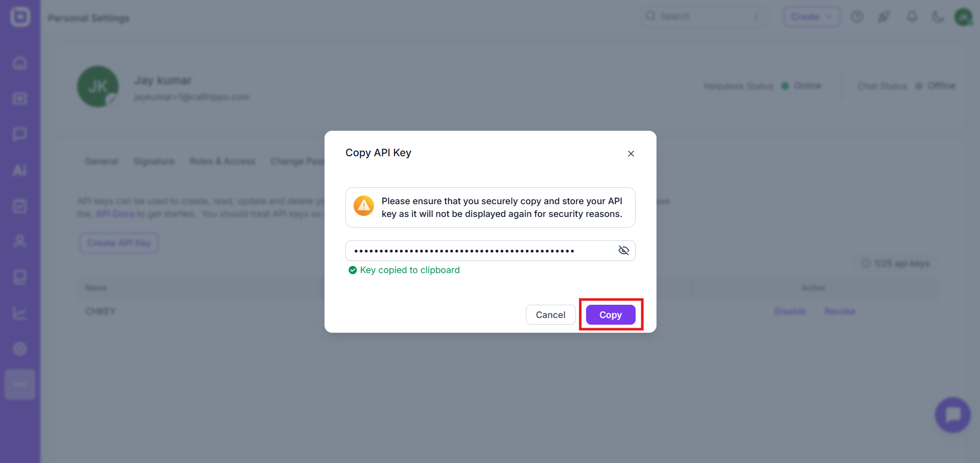 Copy API Key dialog showing the generated key and Copy button