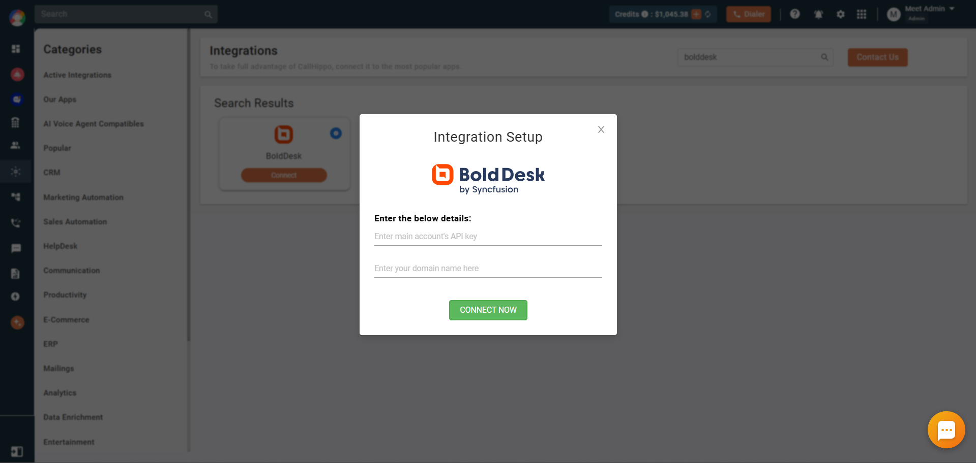 BoldDesk Integration Setup dialog to enter the API key and domain name