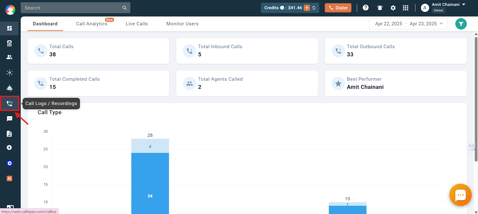 CallHippo dashboard with the Call Logs and Recordings icon highlighted in the sidebar