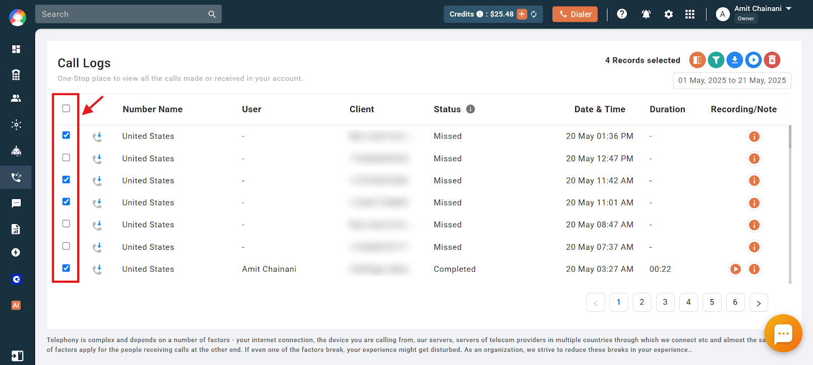 Call Logs list with checkboxes selected for multiple calls