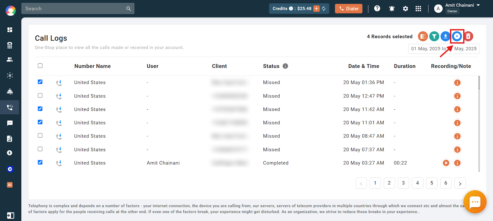 Call Logs with the download call recording icon highlighted