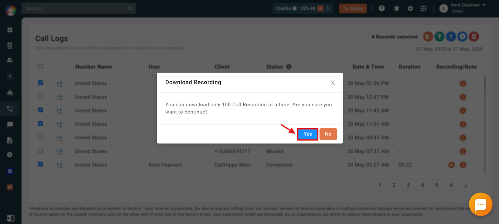 Download Recording confirmation dialog with the Yes button highlighted