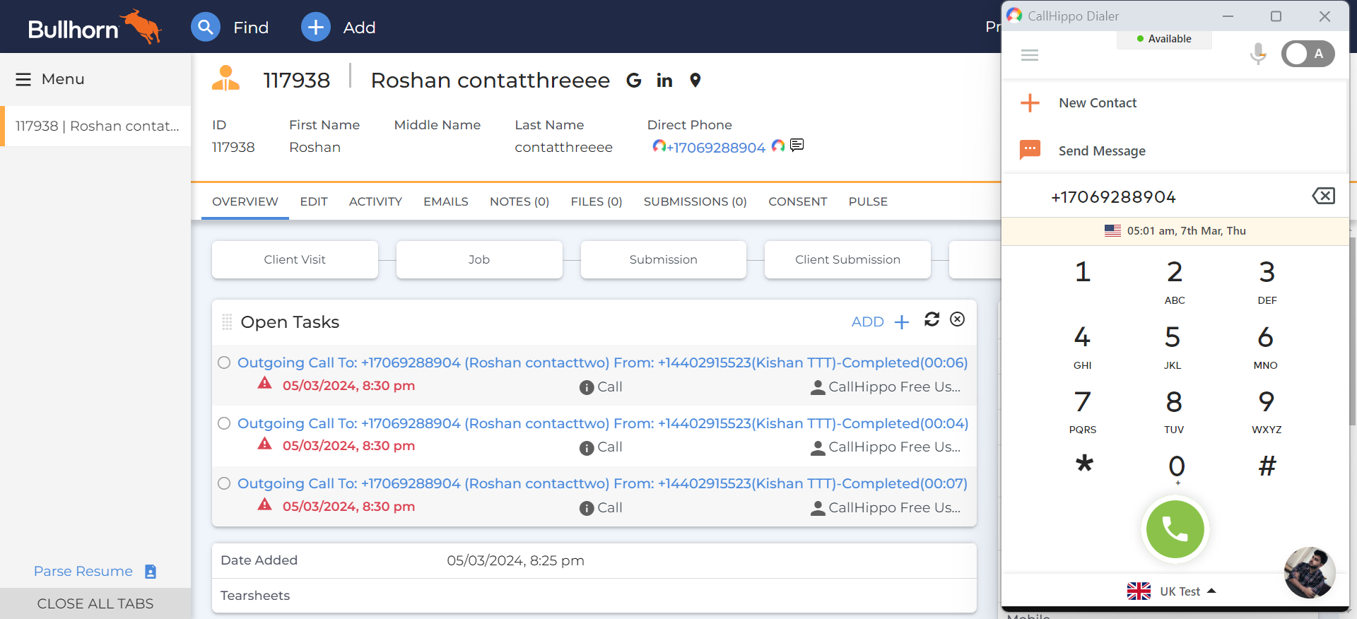 CallHippo Dialer open over a Bullhorn contact record ready to place a call