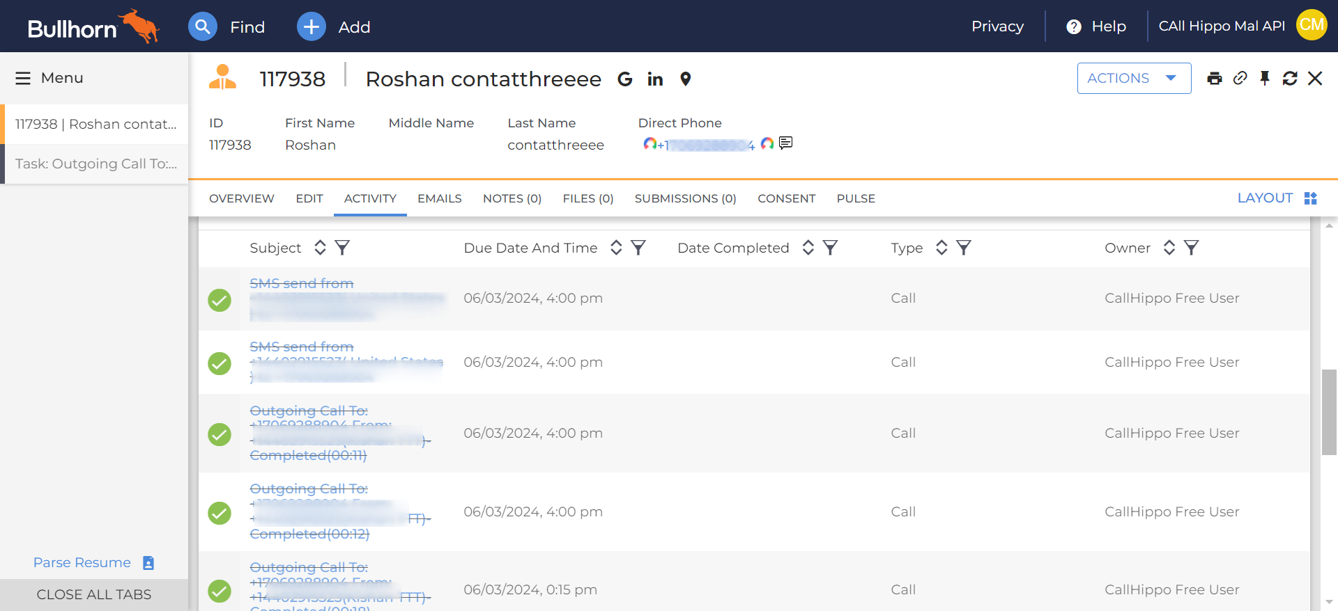 Bullhorn contact Activity tab listing synced CallHippo calls and SMS logged by CallHippo