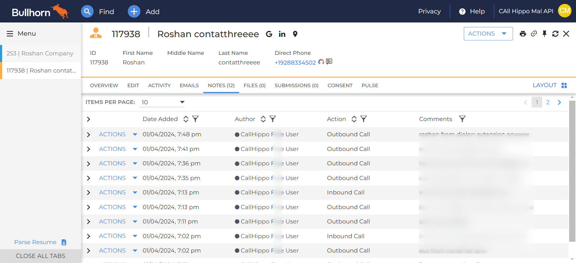 Bullhorn contact Notes tab listing outbound and inbound calls synced from CallHippo