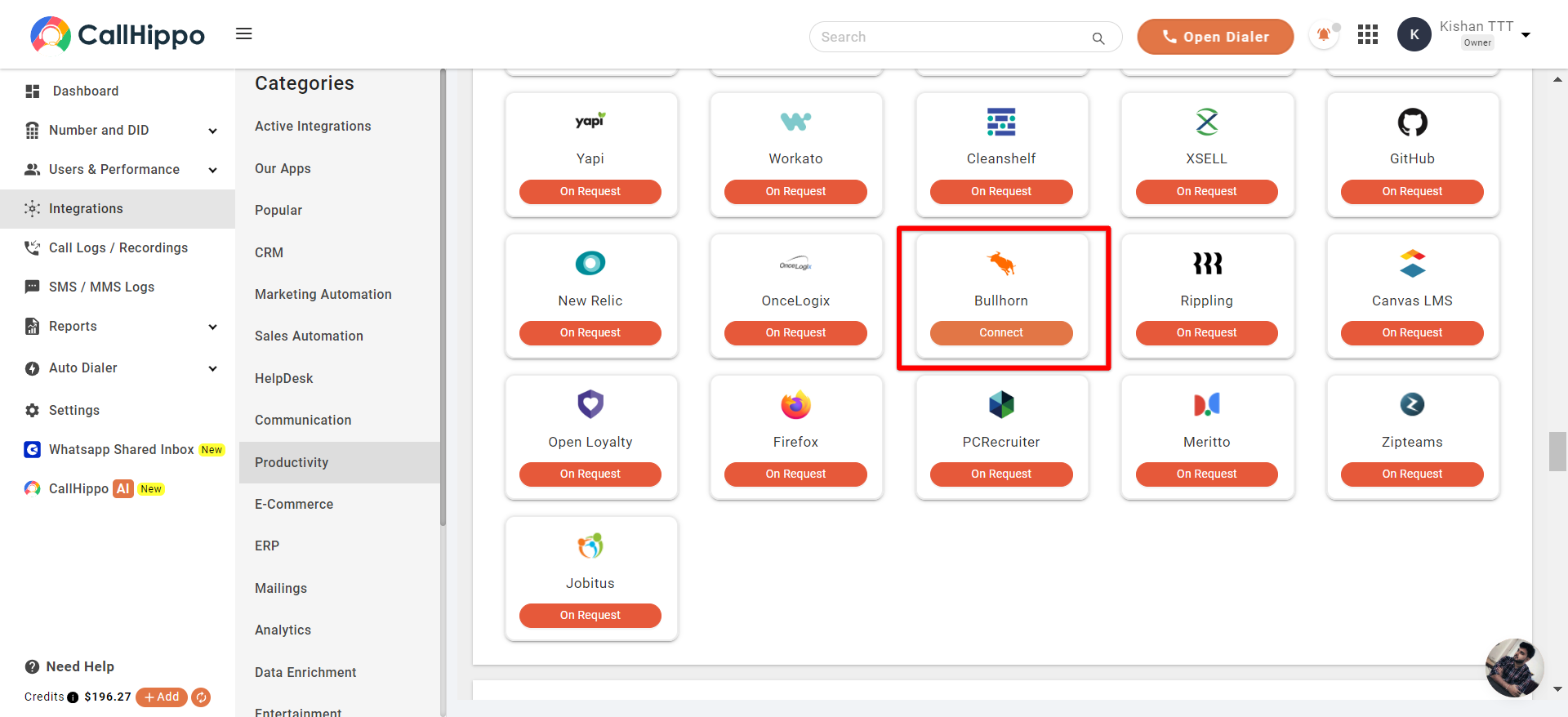 CallHippo Integrations Productivity section with the Bullhorn card and Connect button highlighted