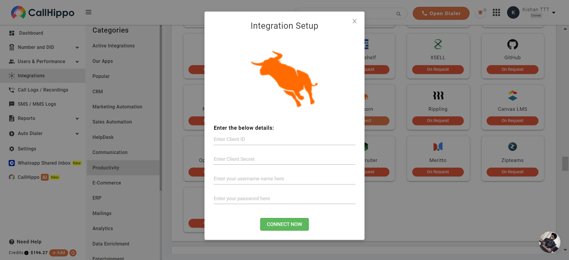 Bullhorn Integration Setup popup with fields for Client ID, Client Secret, username, and password