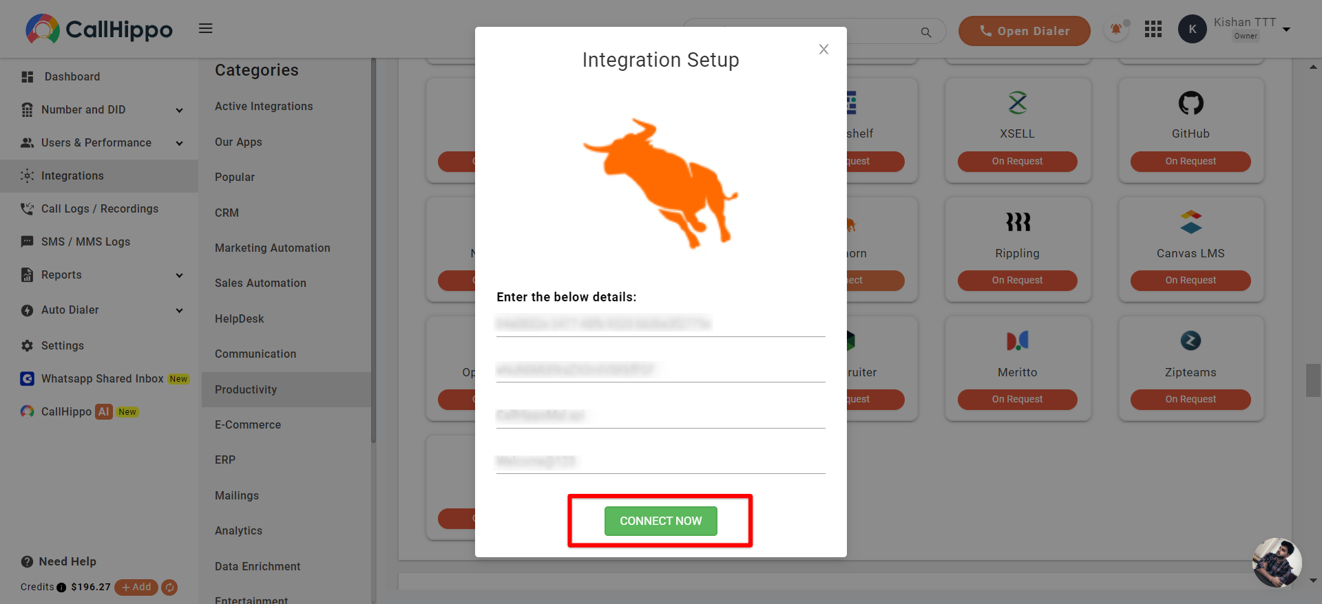 Bullhorn Integration Setup popup with all fields filled and the Connect Now button highlighted