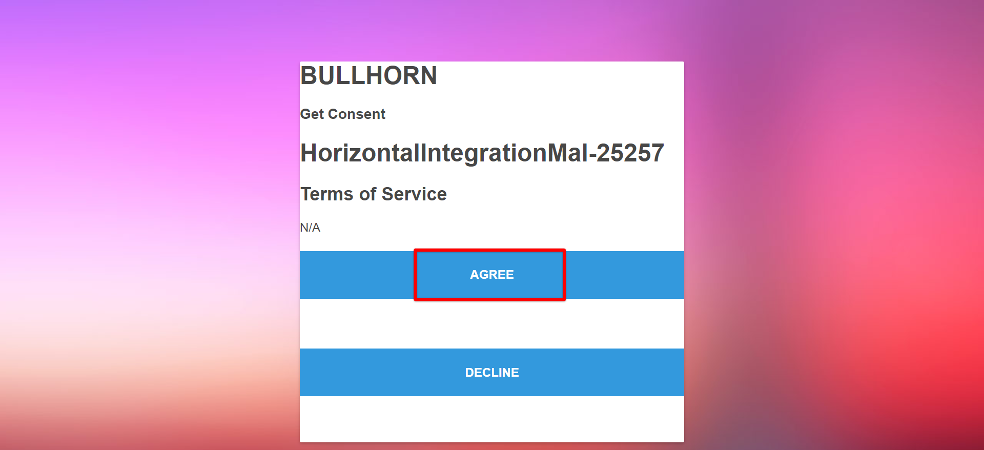 Bullhorn Get Consent screen with the Agree button highlighted