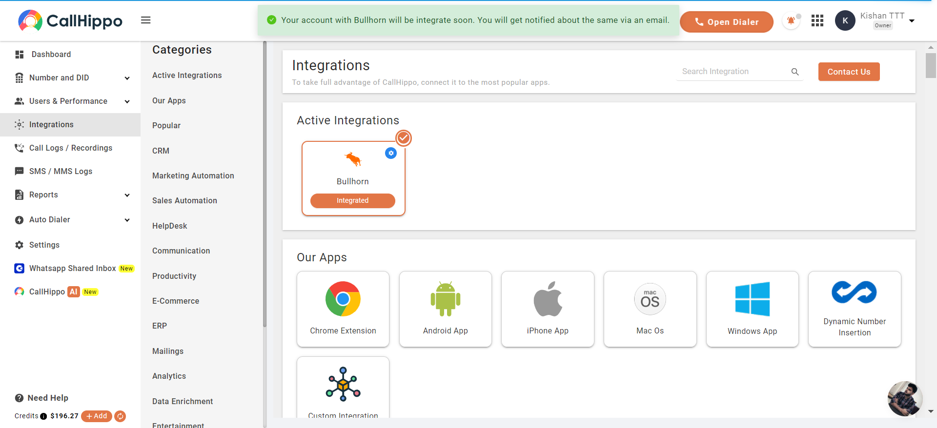CallHippo success message and Active Integrations showing Bullhorn in the Integrated state