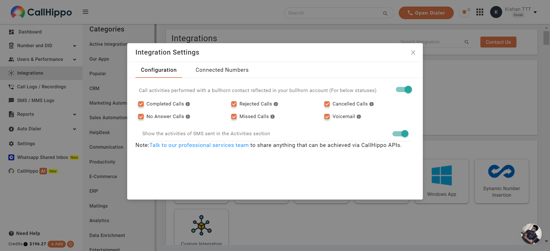 CallHippo Bullhorn Integration Settings Configuration tab with call status checkboxes and SMS activity toggle