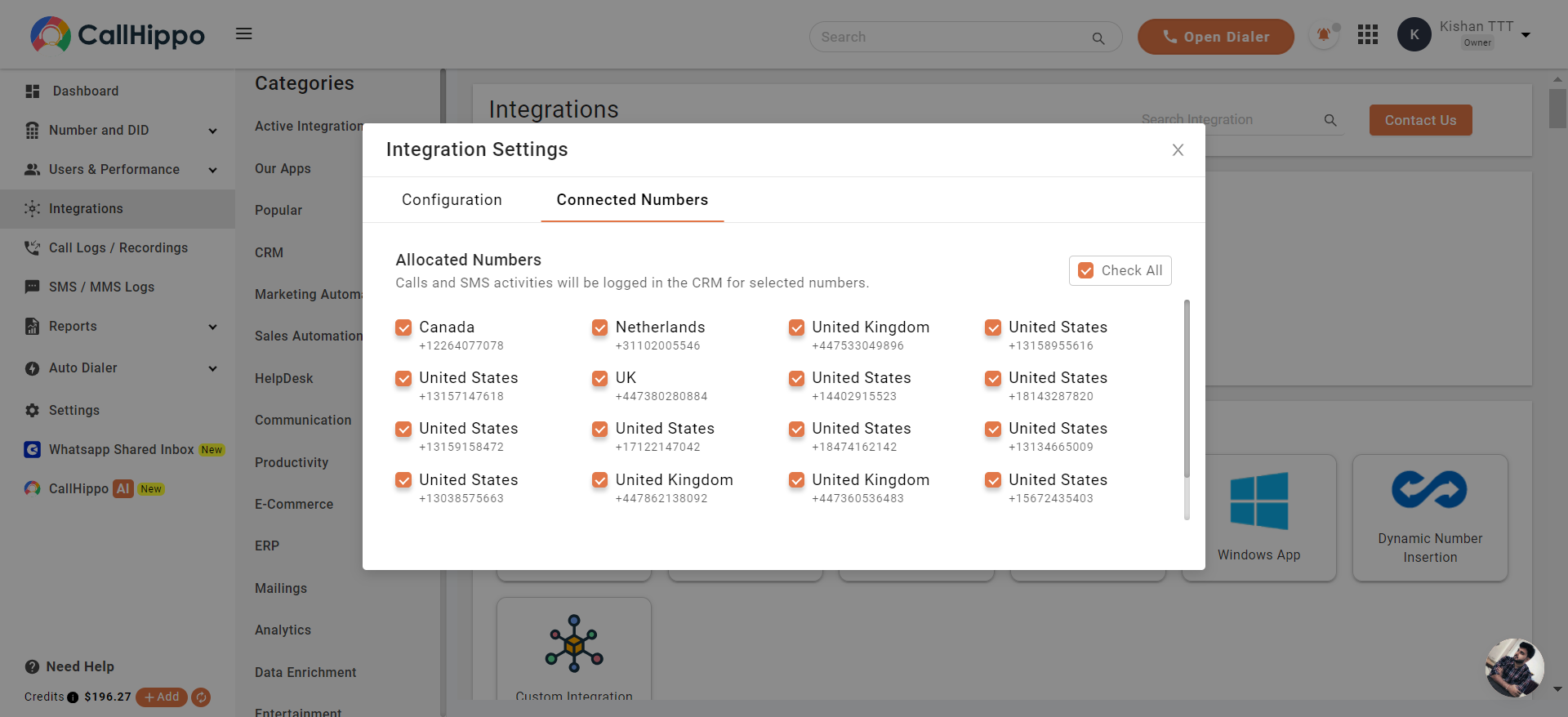 CallHippo Bullhorn Integration Settings Connected Numbers tab with allocated numbers selected