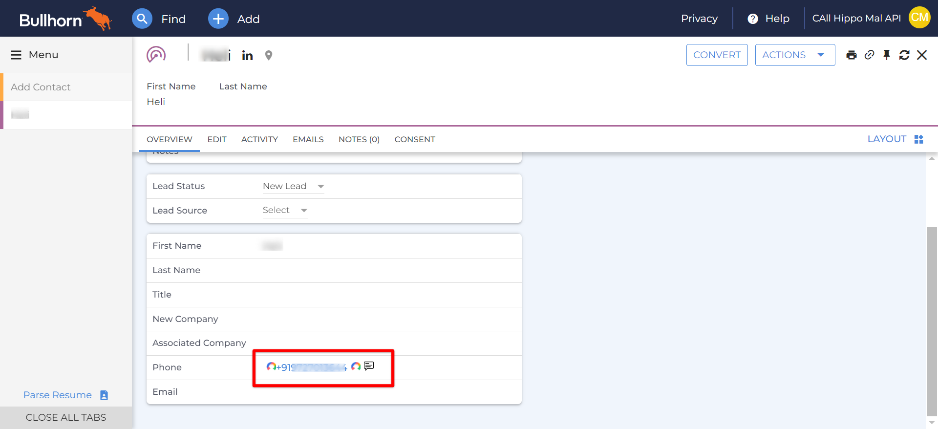 Bullhorn contact record with the CallHippo click-to-call icon next to the phone number