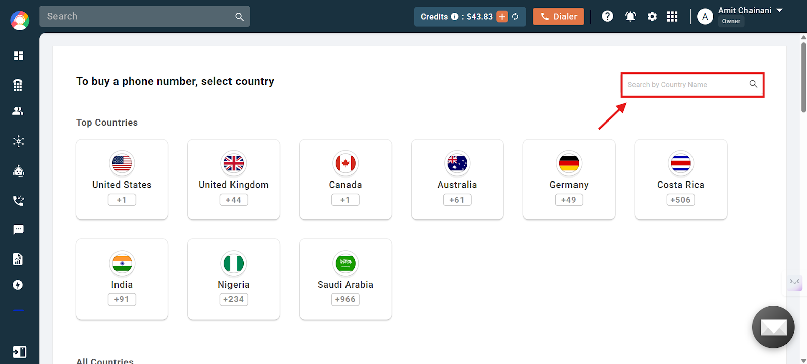 Country selection screen with top countries and the Search by Country Name box highlighted