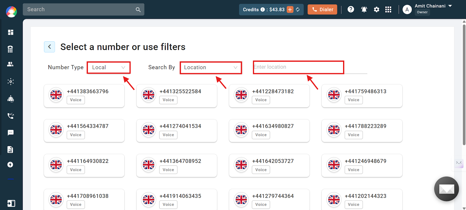 Number selection page with Number Type, Search By, and location filters highlighted