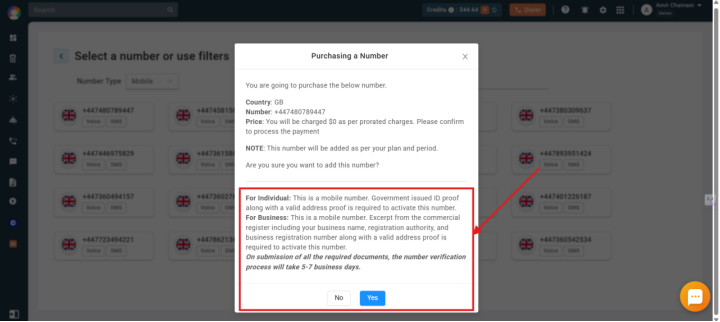 Purchasing a Number popup showing price and required document details for individuals and businesses
