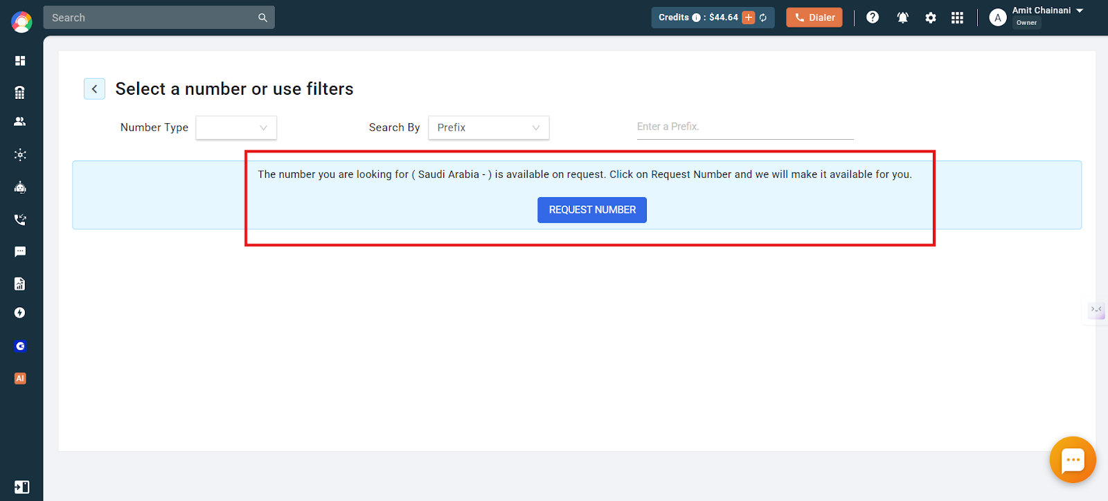 Message stating the number is available on request with a Request Number button highlighted