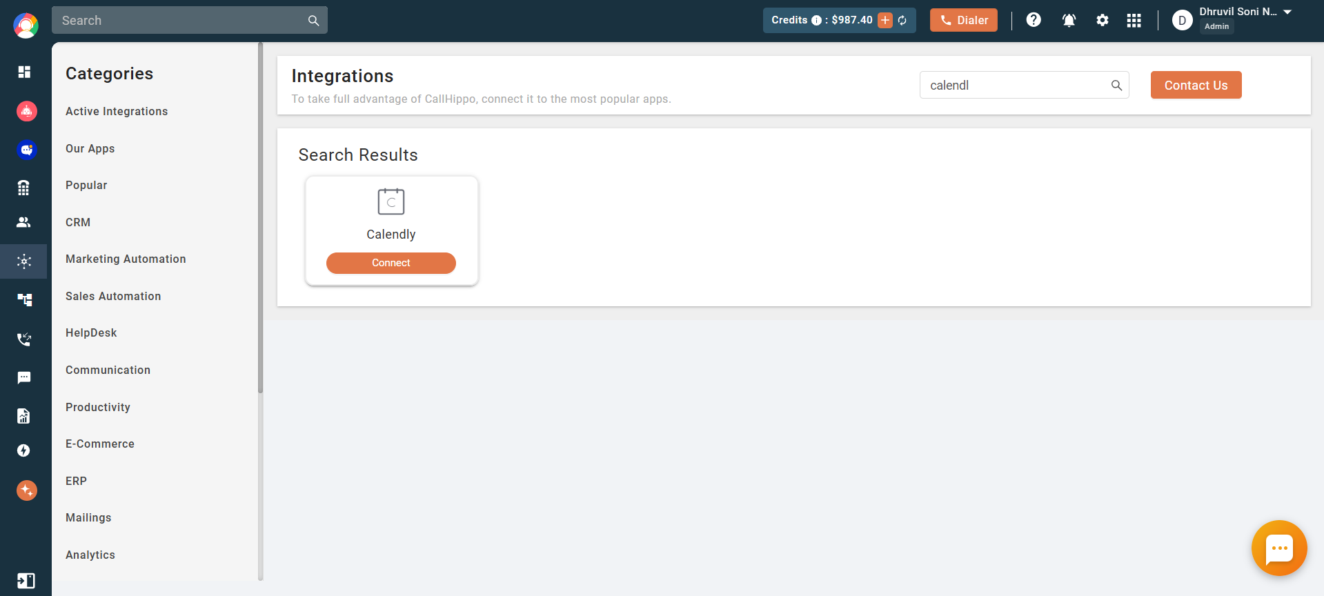 CallHippo Integrations page with Calendly in search results and Connect button