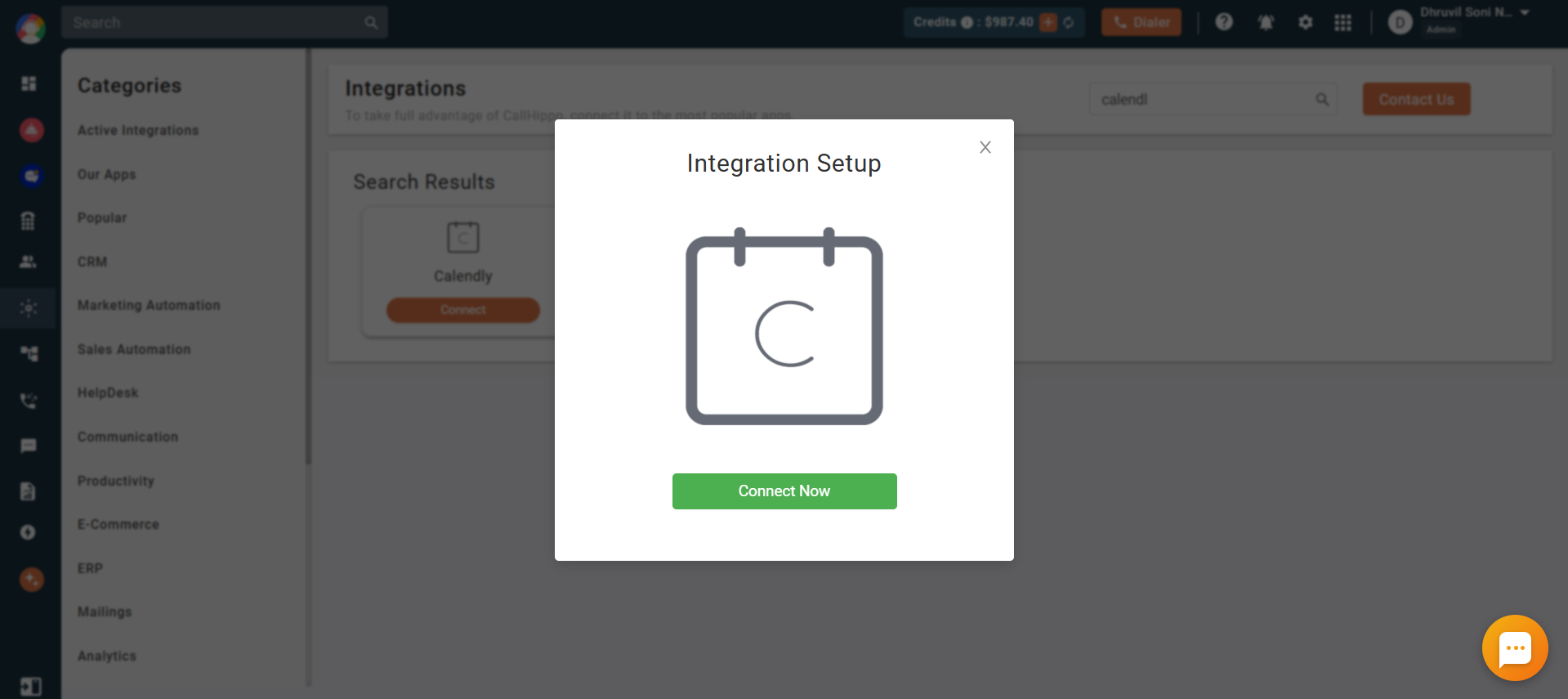 Calendly Integration Setup pop-up with Connect Now button in CallHippo