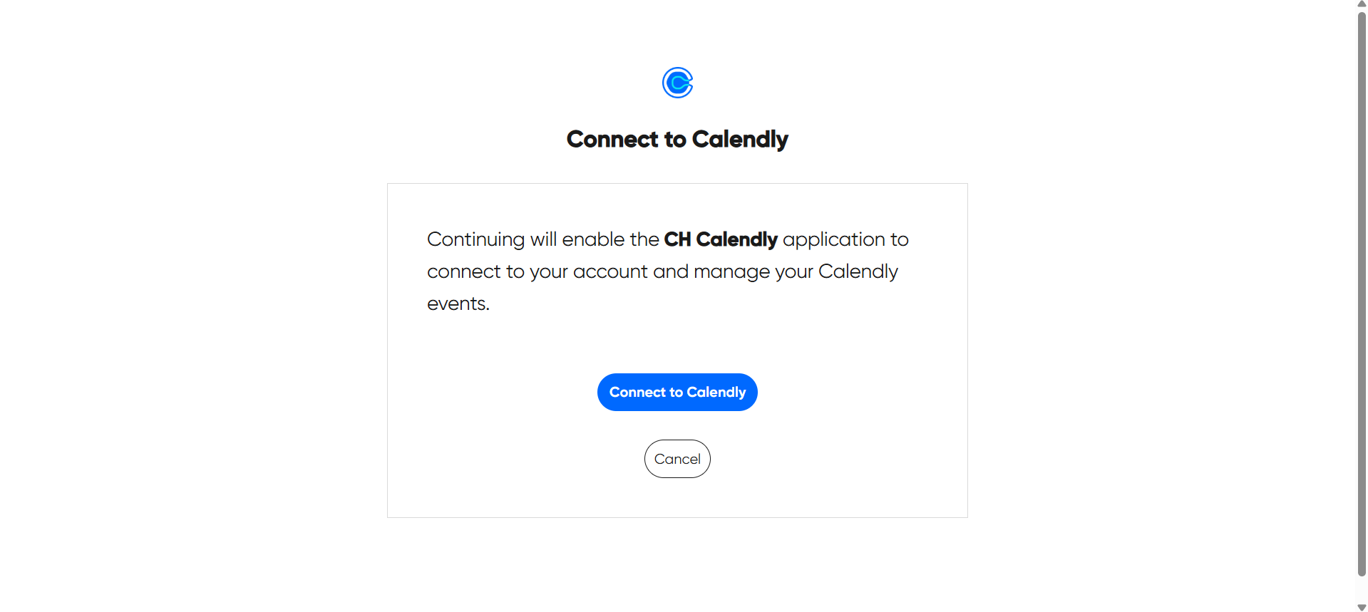 Connect to Calendly authorization screen for CH Calendly application