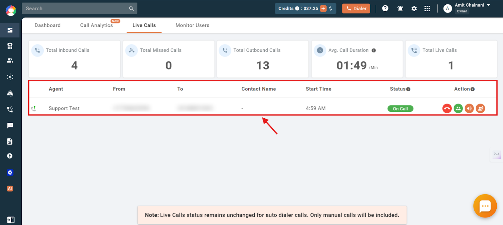 Live Calls section showing a list of active calls with action buttons