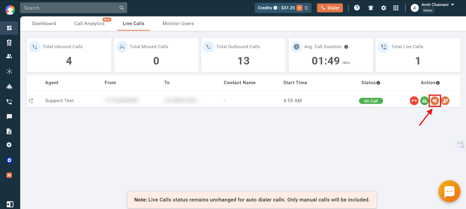 Call Barge action button highlighted next to a live call