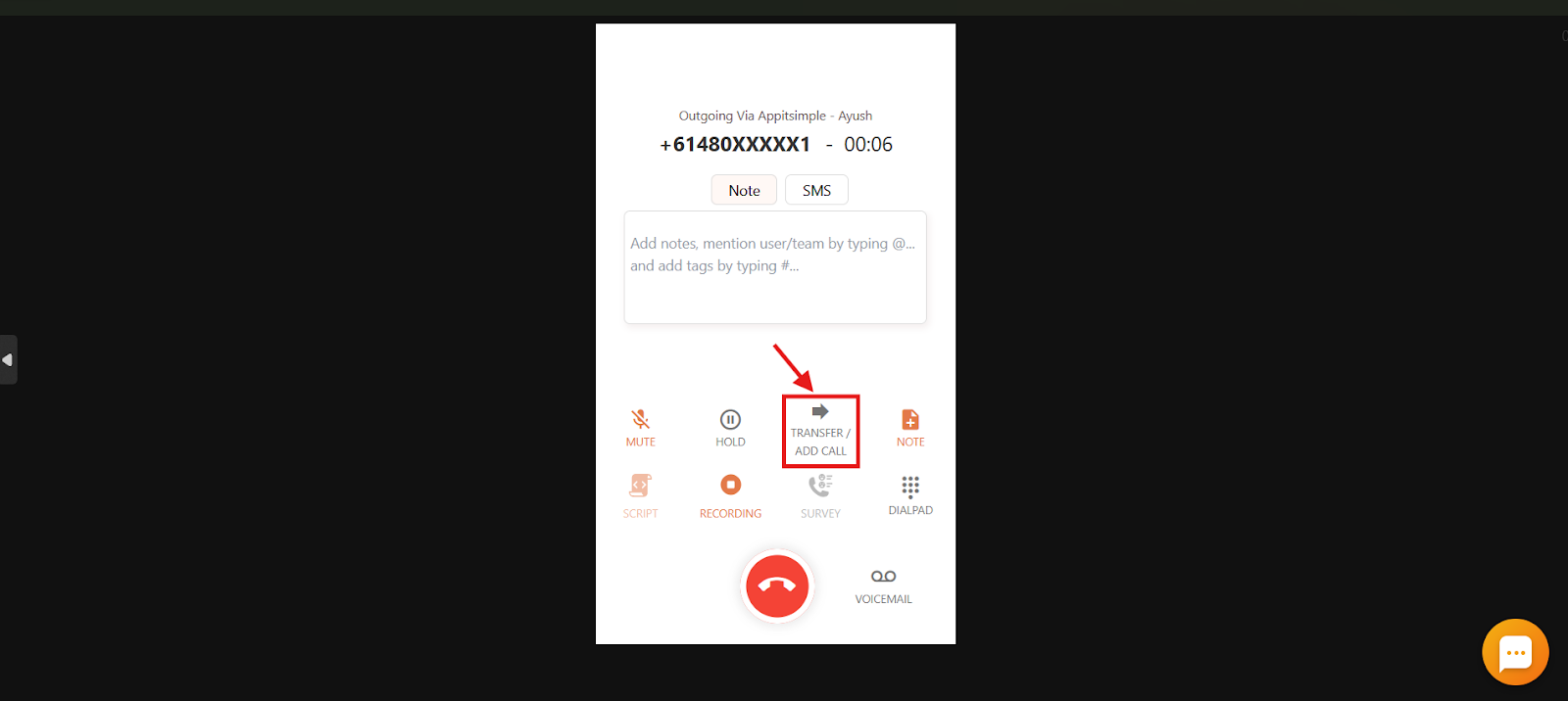 CallHippo dialer with the Transfer / Add Call button highlighted during an active call